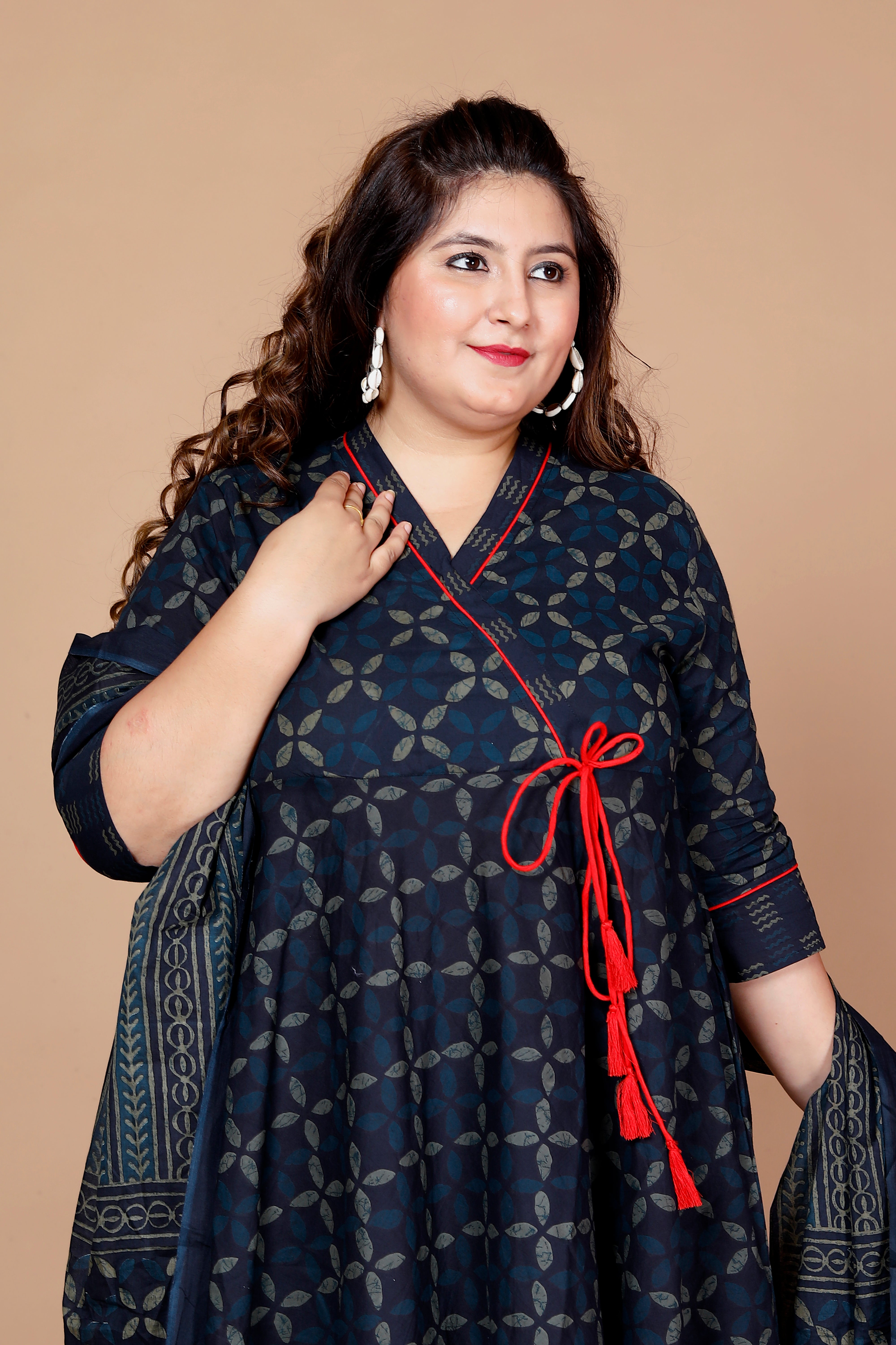 Blue Abstract Printed Cotton Angrakha Kurta with Dupatta Set